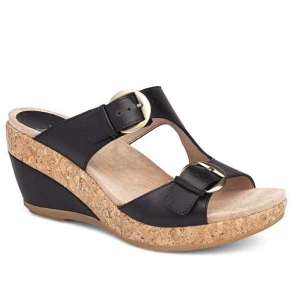 Dansko Carla Wedge Sandal Black full Grain Leather - Picture 1 of 9